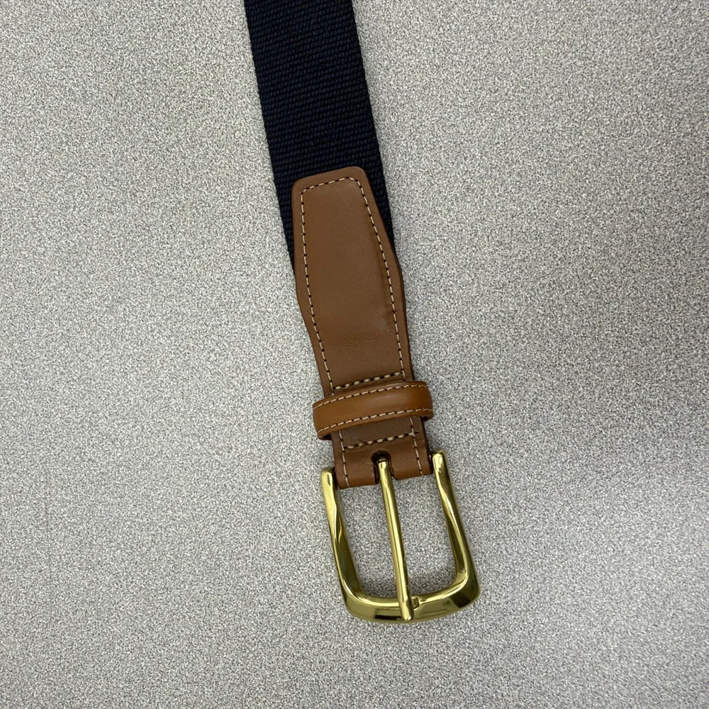 Torino Belt Mens 32 Blue Canvas Leather Trim Gold Buckle Casual Dress 68330